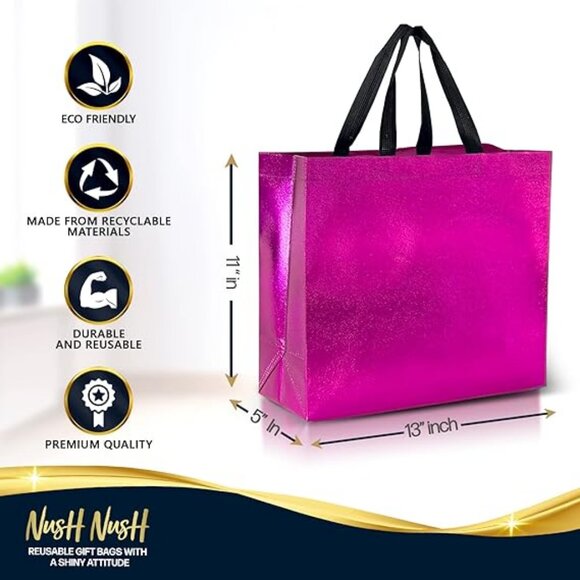 Hot Pink Gift Bags Large Size – Set of 12 Shiny Pink Reusable Gift Bags - Picture 4 of 4